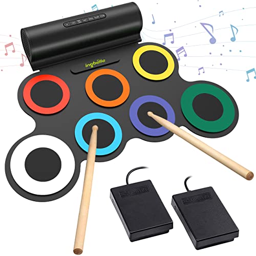 7 Pads Electronic Drum Set, Roll-Up Drum Practice Pad Drum Kit with Headphone Jack Built-in Speaker Drum Pedals Drum Sticks 10 Hours Playtime, Great Holiday Birthday Gift for Kids (Colorful)