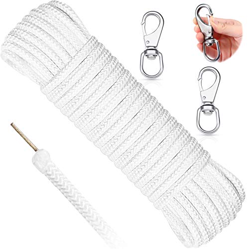 Boao 50 Feet 5/16 Inch Wire Center Flagpole Rope Halyard Rope with 2 Pieces Stainless Steel Snap Hooks White Braided Polyester Flagpole Halyard Rope Steel Center Flag Pole Solid Rope for Flagpole