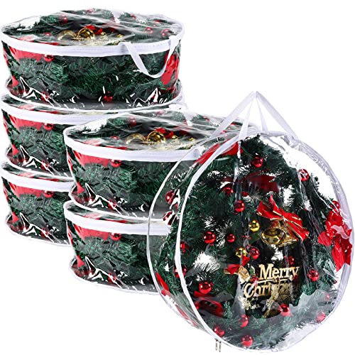 Wreath Storage Container Christmas Clear Xmas Wreath Storage Bag 24 Inches Christmas Plastic with Dual Zippers and Reinforced Handles Xmas Garland Container for Xmas Seasonal Wreath (Clear, 6 Pieces)