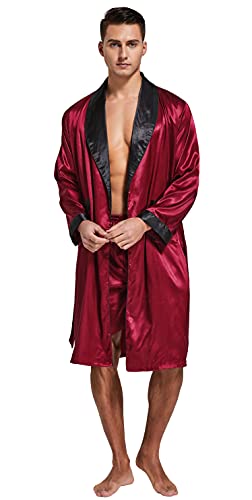 Tony & Candice Men's Satin Robe Lightweight Long Sleeve Silk Kimono Bathrobe with Shorts Set SleepwearLarge, Burgundy with Black Collar)