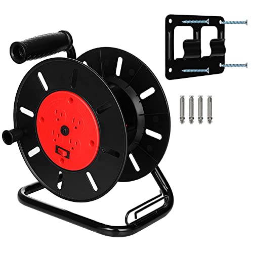 Suraielec Extension Cord Reel, 15 AMP Circuit Breaker, Multiple Outlets, Holds 100 ft 16/3, 14/3 or 75ft 12/3 Cord, Portable Empty Hand Crank Cord Roller Holder, Metal Stand, Wall Hanging, ETL Listed