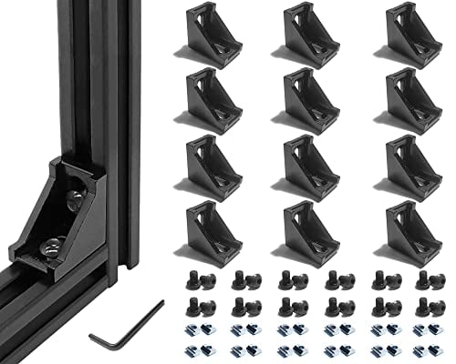 QIJINTRID 12 Sets Black 20S T Slot Aluminum Extrusion Profile Connector Set,12 pcs Corner Brackets,with 24 pcs T Sliding Nuts and Hex Screw Bolt for 2020 Aluminum Extrusion Profile Accessories