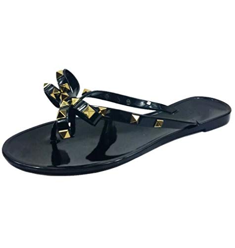 TruFox Womens Studded Jelly Flip Flops Sandals with Bow, Black, 7