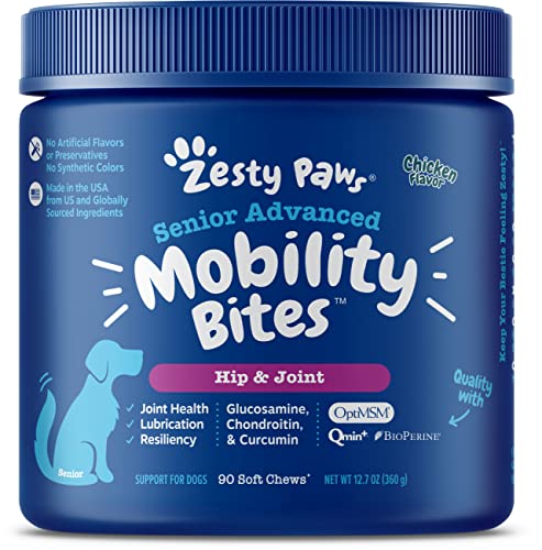 Zesty Paws Senior Advanced Glucosamine for Dogs - for Hip & Joint Support - Chondroitin, Turmeric Curcumin & MSM - Mobility Supplement with Green Lipped Mussel & Hyaluronic Acid - 90 Bites