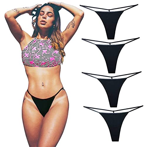 KUKU PANDA Cotton G String Thongs for Women T Back Gstring Underwear Seamless Panties Tangas Sexy 4 Pack Set (Black, Medium)