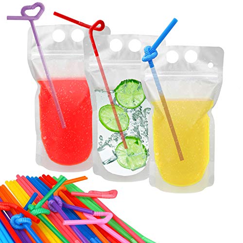 100 Pcs Drink Pouches with 100 Straw Holes, Freezable Juice Pouches, Translucent Reclosable Zipper Plastic Pouches Drink Bags for Cold & Hot Drinks for Adults and Kids