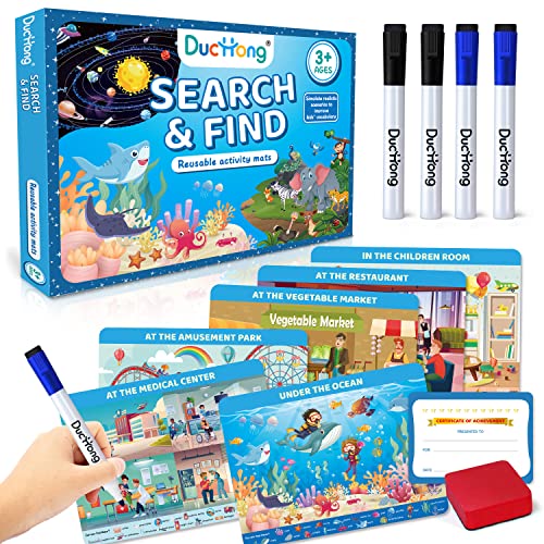 Search and Find Cards for Kids Ages 3 to 6, Every Page is Reusable Activity Mats with 4 Dry Erase Markers for Preschool Learning Educational Game for Boys & Girls Toddlers Aged 3+