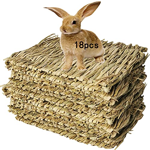 Hamiledyi 18 Pack Bunny Grass Mat Woven Bed Mat Natural Straw Hay Mats Rabbit Handmade Bedding Sleeping Grinding Nesting and Chewing Toy for Guinea Pig Hamster Chinchilla Squirrel Hedgehog