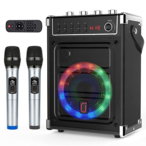 JYX Karaoke Machine with 2 UHF Wireless Microphones, Bluetooth Speaker with Bass/Treble and LED Light, Portable PA System Support TWS, AUX in, FM, REC, Home System for Party/Adults/Kids - Black