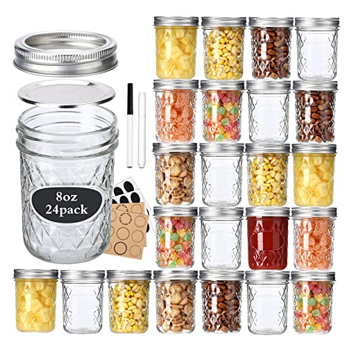 24 Pack 8 oz Mason Jars with Lids and Bands, Small Regular Mouth Glass Canning jars with Airtight Lids, Jelly Jars, Jam Jars, Ideal for Canning, Preserving, Honey, Wedding Favors, Shower Favors