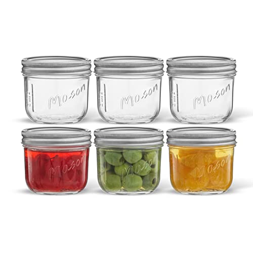 8 Oz Mason Jars With Lids, Labels and Measures! 6-Pack Wide Mouth Mason Jars, Glass Jar with Lid and Band. Airtight Canning Jars, Overnight Oats Jars, Salad Jars, Sourdough Starter Jar