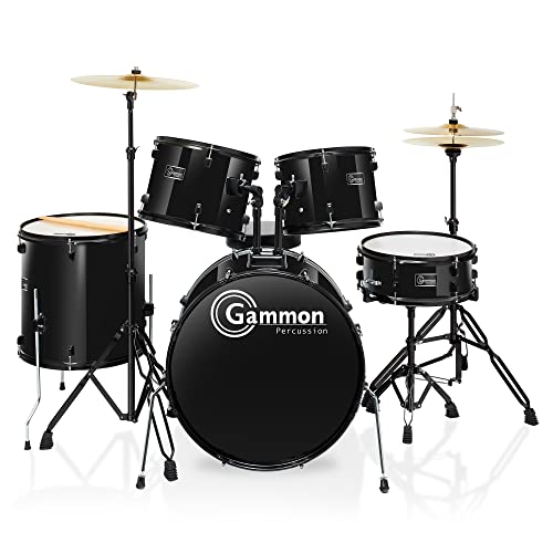 Gammon Percussion Full Size Complete Adult 5 Piece Drum Set with Cymbals Stands Stool and Sticks, Black