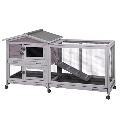 Aivituvin Rabbit Hutch Indoor 62" Rabbit Cage Outdoor Chicken Coop Guinea Pig Cage on Wheels Bunny Cage with 3 Deep No Leakage Pull Out Tray,Waterproof Roof (Grey)