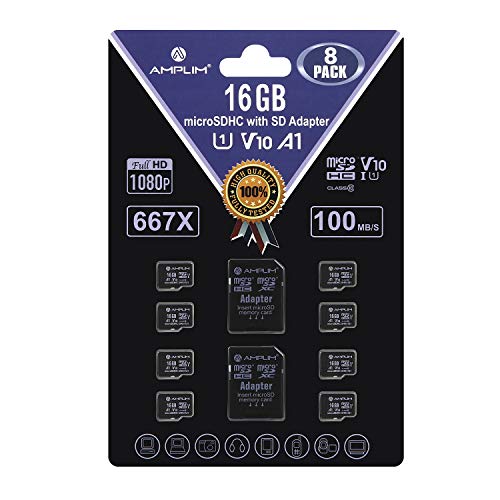 Amplim 16GB Micro SD Card, 8 Pack MicroSD Memory Plus Adapter, MicroSDHC Class 10 UHS-I U1 V10 TF Extreme High Speed Nintendo-Switch, GoPro Hero, Raspberry Pi, Phone Galaxy, Camera Cam, Tablet, PC