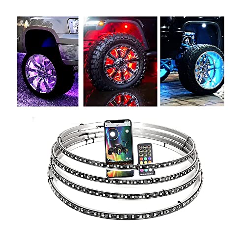 15.5 in Single Row RGB Wheel Lights Kit (4pcs) w/Turn Signal and Braking Functionand Can Controlled by Remote and APP Simultaneously with Lock Function