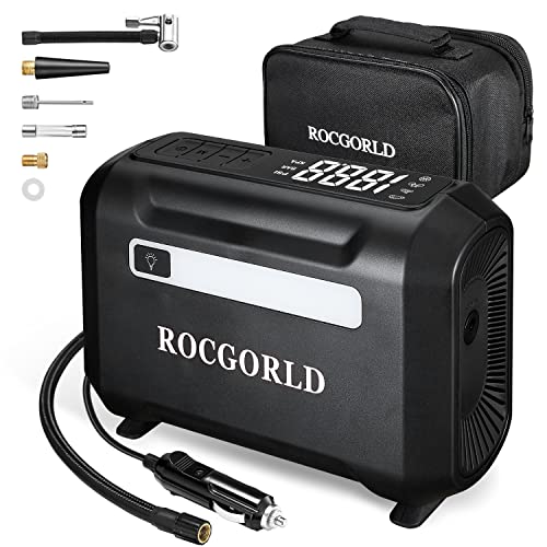 ROCGORLD R7 Tire Inflator Portable Air Compressor, 12V DC Digital Air Pump for Car Tires with Emergency LED Light, Max 150 PSI Auto Shut Off Air Compressor Portable for Car, Motorcycle, Bicycle, etc