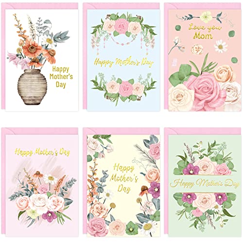 FANCY LAND Happy Mothers Day Cards with Envelopes 12PCS Gold Foil Mother's Day Gift Cards Boho Floral Blank Inside