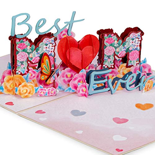 Paper Love Mothers Day Pop Up Card, Best Mom, For Mother, Wife, Anyone - 5" x 7" Cover - Includes Envelope and Note Tag