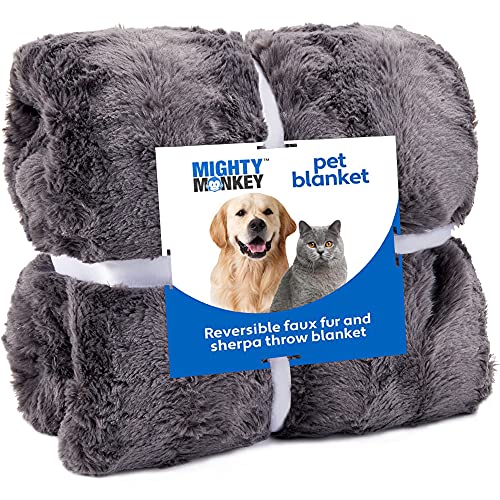 MIGHTY MONKEY PetBlanket, 32x40, Soft Reversible Sherpa Cat and DogBlanket, Machine Washable, Plush, Warm and Cozy Faux Fur Throw, Puppy Bed Cover, for Crates, Couch, Car, Medium Size, Fluffy Gray