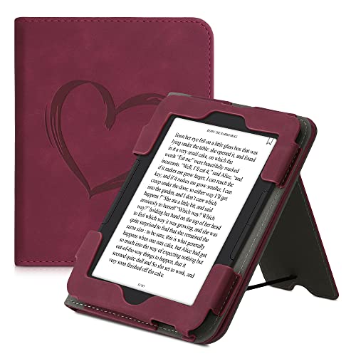 kwmobile Case Compatible with Barnes & Noble Nook Glowlight 4 / 4e - Synthetic Nubuck Leather Cover with Magnetic Closure, Kickstand, Hand Strap, Card Slot - Brushed Heart Dark Red