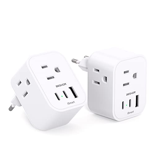 [2-Pack] European Travel Plug Adapter, International Power Plug Adapter with 3 Outlets 3 USB Charging Ports(2 USB C), Type C Plug Adapter Travel Essentials to Most Europe EU Spain Italy France Germany