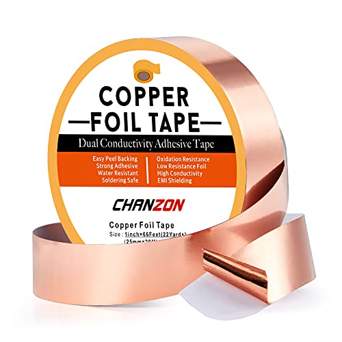 Chanzon Copper Foil Tape 25mm 1 inch x 66ft Double Sided Conductive Adhesive for EMI & RF Shielding,Electric,Slug & Snail Deterrent,Guitars,Soldering,Grounding,Repair,Crafts,Paper Circuits