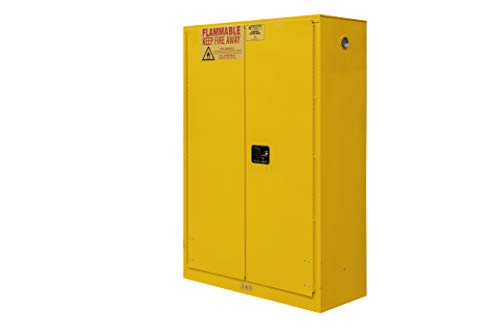 Durham FM Approved 1045M-50 Welded 16 Gauge Steel Flammable Safety Manual Door Cabinet, 2 Shelves, 45 gallons Capacity, 18" Length x 43" Width x 65" Height, Yellow Powder Coat Finish