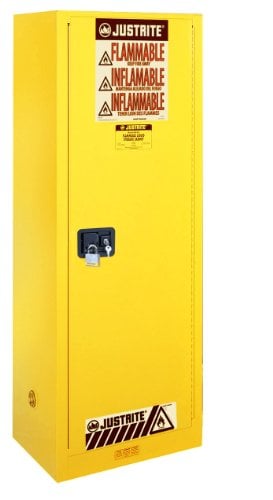 Justrite 892200 Sure-Grip EX 22 Gallon, 65" H x 23-1/4" W x 18" D, 1 Door, 3 Shelf, Manual-Close Yellow Slimline Flammable Storage Cabinet