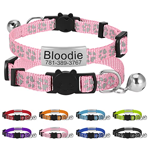 Natiform Personalized Reflective Cat Collars, Custom Breakaway Cat Collars with Name Tag, Anti-Lost Nameplate Kitten Collars for Girls & Boys( Pink)