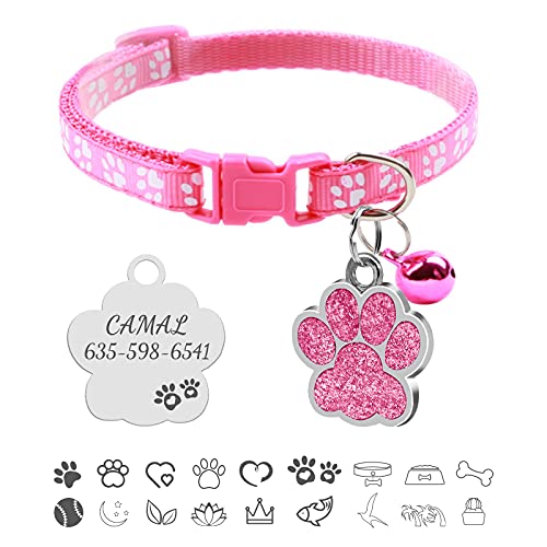 CAMAL Breakaway Cat Collar with Name Tag, Glitter Paw Print Personalized Cat Tags on Kitten Collar with Bell for Girl and Boy Cats (Pink)