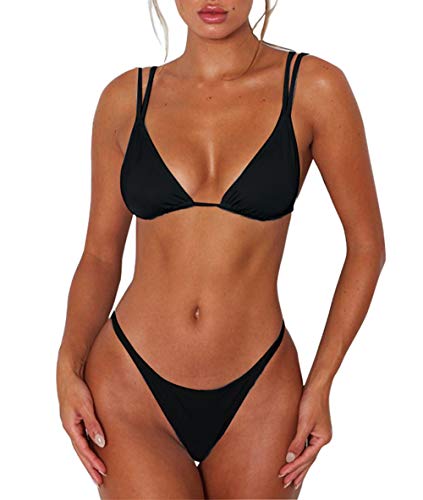Women's Sexy Micro Thong Bikini Bottom Padded Top Triangle Bikini Bathing Suit(S, Black)