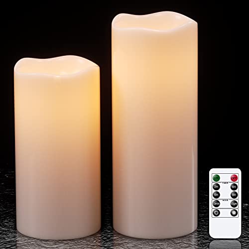 Lasumora Large Waterproof Outdoor Flameless Candles with Remote Control and Timer, Battery Operated Flickering LED Pillar Candles for Indoor Outdoor Lanterns, Porch, Long Lasting, Set of 2 4" x 8"10"