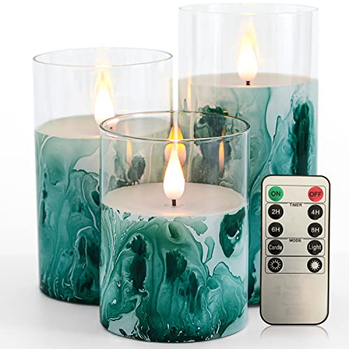 Nimiko Flameless Flickering Candles, Glass LED Candles with Timer Remote Control, Pure Natural Wax Battery-Powered Candles 3-Piece Set(D3 x H 4" 5" 6")Green