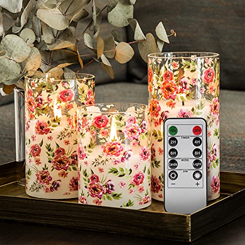 Eywamage Red Floral Glass Flameless Candles with Remote, Flickering LED Pillar Candles Battery Operated Decorative Candles Set of 3