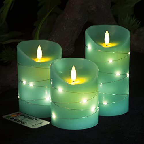 DANIP Teal Flameless Candle, Built-in Star String, 3 LED Candles, 11 Button Remote Control, 24 Hours Timer Function, Dancing Flame, Real Wax, Battery Powered. (Blue-Green)