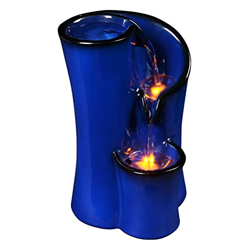 Indoor Water Fountain Imitation Ceramics Appearance Tabletop Fountain Relaxation Desktop Waterfall Fountain w/ 3 Reflective led, 9.8 Inch Tall Fountain (Blue)