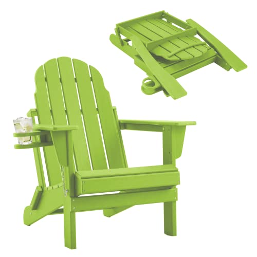 Folding Adirondack Chair - Durable HDPE Poly Lumber All-Weather Resistant w/ Cup Holder, Oversized Balcony Porch Patio Outdoor Chair for Lawn, Backyard, Deck, Garden, Poolside, Easy to Install, Green