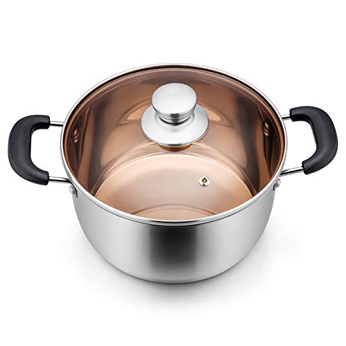 6 QT Pot, P&P CHEF 6-quart Stainless Steel Stockpot with Lid, Bakelite Heat-Proof Double Handles & Brown Glass Lid & Sliver Stainless Steel Pot, Dishwasher Safe
