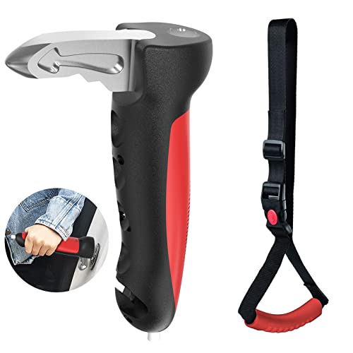 byojia 5 in 1 Vehicle Support Handles, Elderly Portable Automotive Door Assist Handles Multifunction Car Handle with LED Flashlight Seatbelt Cutter and Window Breaker for Elderly and Handicapped Red