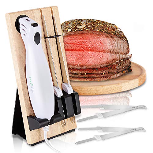 Electric Carving Slicer Kitchen Knife - Portable Electrical Food Cutter Knife Set with Bread and Carving Blades, Wood Stand, For Meat, Turkey, Bread, Cheese, Vegetable, Fruit - NutriChef