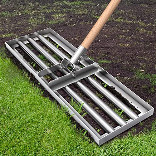 Leweio Lawn Leveling Rake 30"x10" Stainless Steel Lawn Leveling Tool Heavy Duty Saving Effort with 78" Wooden Handle for Yard Garden Golf Course Farm and Pasture