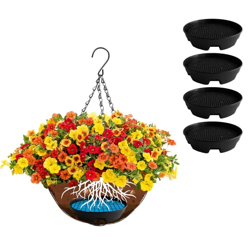 zoowalker Invisible Self- Watering Tray Saucer for Hanging Basket Planter, Heavy Duty Plastic Drip Catcher for Indoor/Outdoor Pot (Pack of 4)