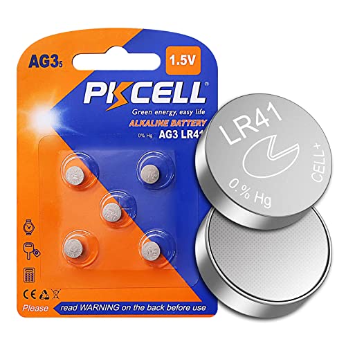 PKCELL AG3 1.5V Battery LR41 392 384 192 Button Alkaline Cell for Digital Thermometer- 5Count