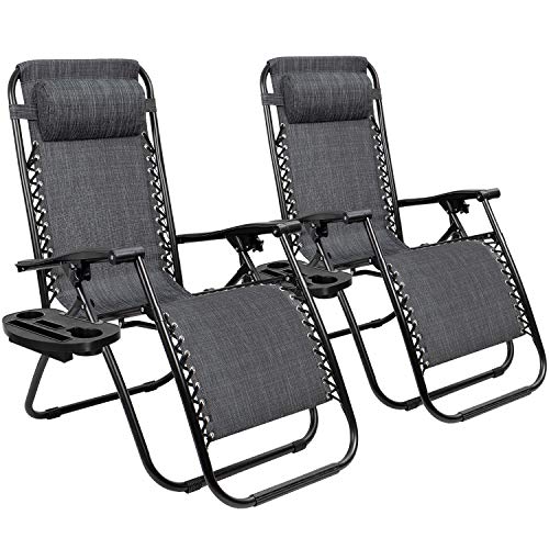Tuoze Zero Gravity Adjustable Outdoor Folding Lounge Patio Chairs with Pillow Recliners for Poolside, Beach, Yard Set of 2, Light Grey