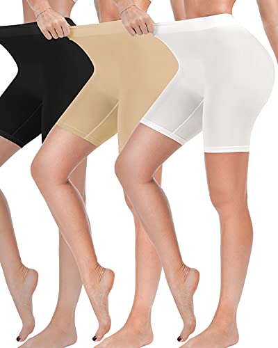 Reamphy 3 Pack Slip Shorts for Women Under Dress,Comfortable Smooth Yoga Shorts,Workout Biker Shorts,Suitable for Indoor and Outdoor Daily Wear(Black+White+Nude,3XL)