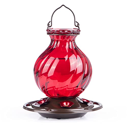 Hummingbird Feeder, Auslar 26 Ounces Glass Hummingbird Feeder, Red Hummingbird Feeders for Outdoors Hanging, 5 Flower Feeding Ports, Fade Proof, Rustproof, Leakproof, Netted Flower Bud Shape Bottle