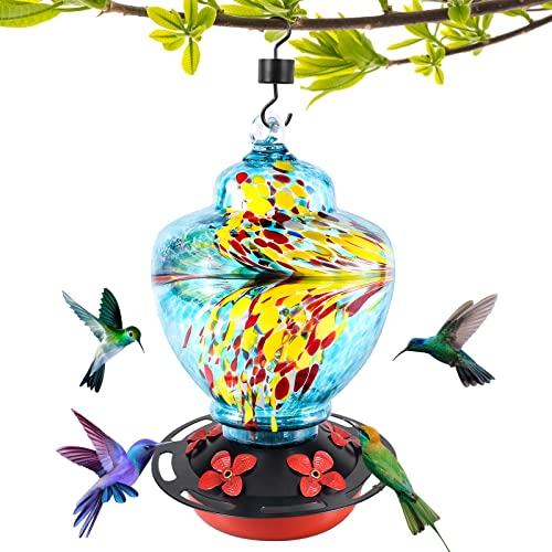 Raxurt Hummingbird Feeders for Outdoors, Upgraded Leakproof Hummingbird Feeder, Large 34oz Hand Blown Glass Decoration for Outside Garden/Backyard, Blue