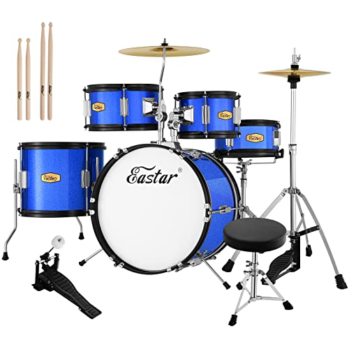 Junior Drum Set for Kids - 16 inch 5-Piece Drum Kit for Beginners with Adjustable Throne and Cymbal, Pedal & Drumsticks, Metallic Blue (EDS-350Bu)