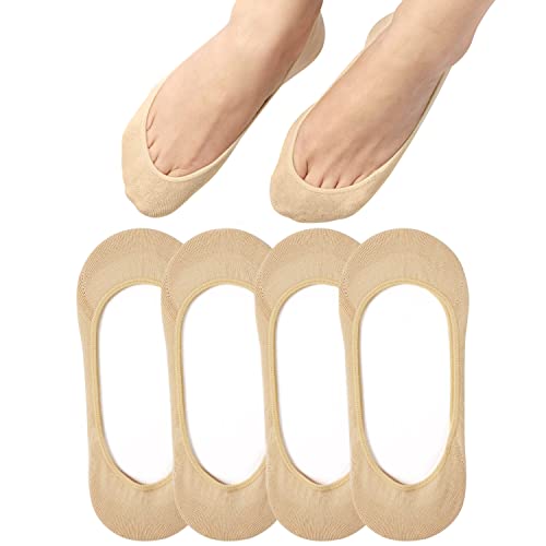 No Show Socks Womens for Flats, Ultra Low Cut Invisible Footies Non Slip Hidden Liner Socks Beige 4 Pairs Size 5-8