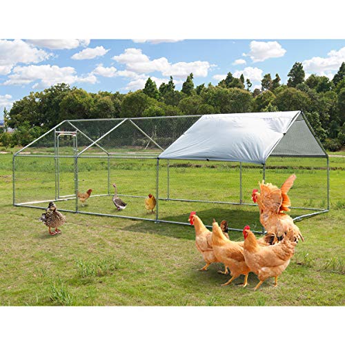 Large Metal Chicken Coop Walk-in Poultry Cage Hen Run House Cage Spire Shaped Cage with Waterproof and Anti-Ultraviolet Cover for Outdoor Backyard Farm Use (1.26" Diameter, 19.68 L9.84 W)